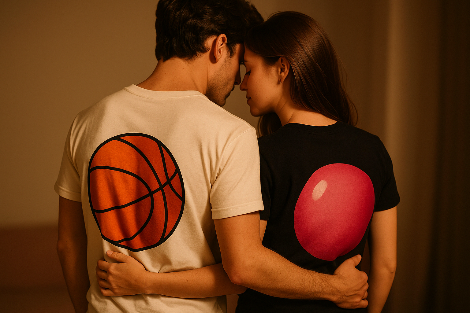 a photo of a man and a woman poised in romantic position with no faces wearing t-shirts displaying two giant balls